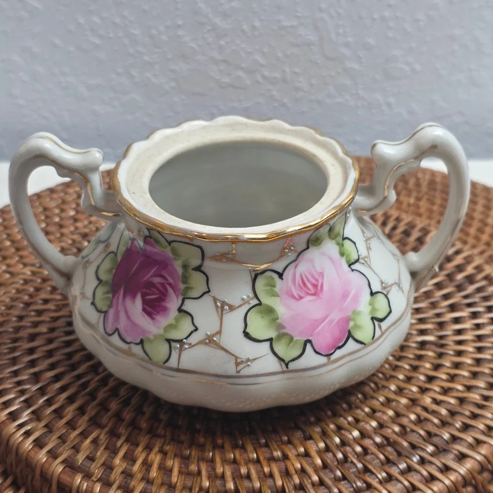 Antique 1890s Nippon Hand Painted Rose Porcelain Creamer & Sugar Bowl Set No Lid
